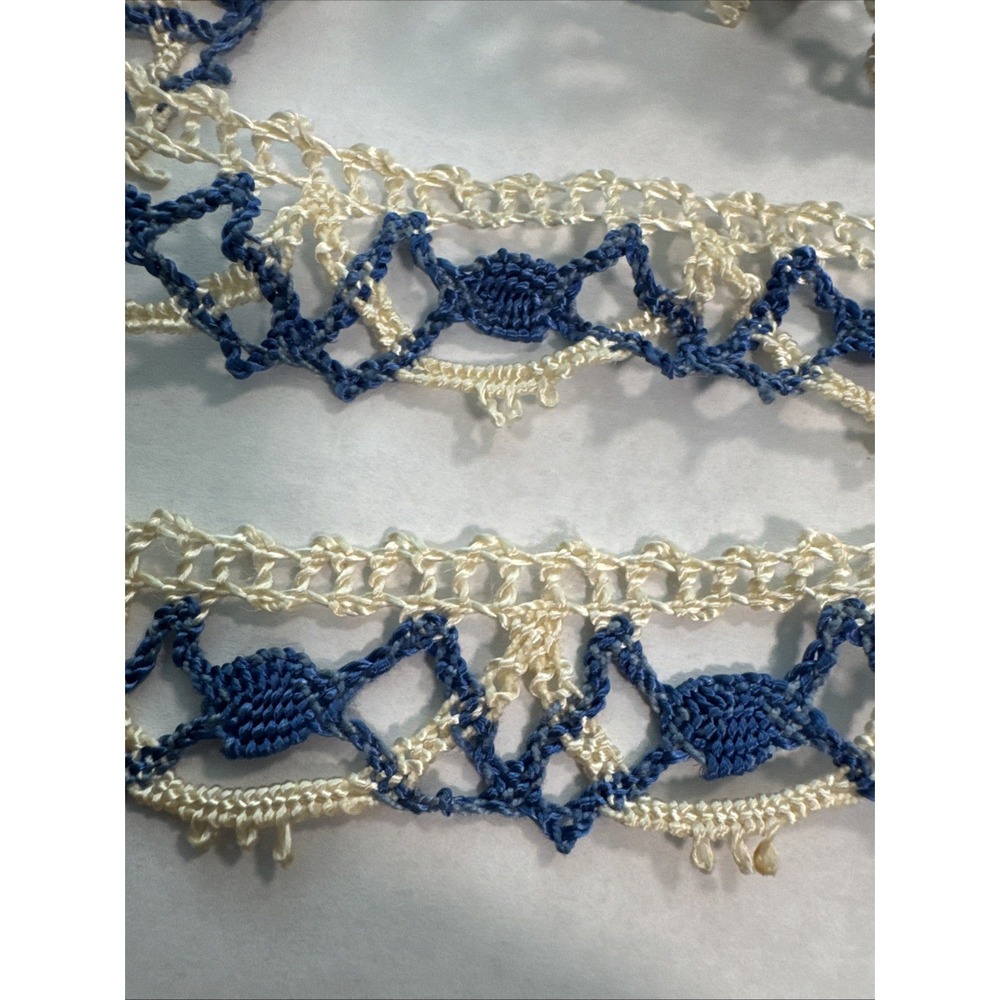 Vintage 1940s Handmade Crochet Trim Ivory Blue Rayon Floral Lace 46" L 1" W